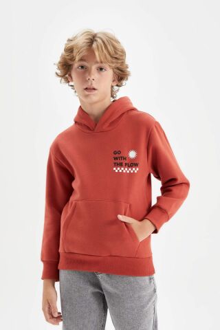 Erkek Çocuk Cepli Yazı Baskılı Kapüşonlu Kalın Okul Sweatshirt 5/6 Yaş - Turuncu-OG46