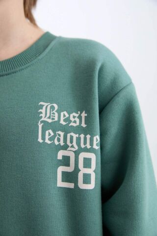 Erkek Çocuk Oversize Geniş Kalıp Bisiklet Yaka Sırt Baskılı Kalın Sweatshirt 8/9 Yaş - Yeşil-GN757